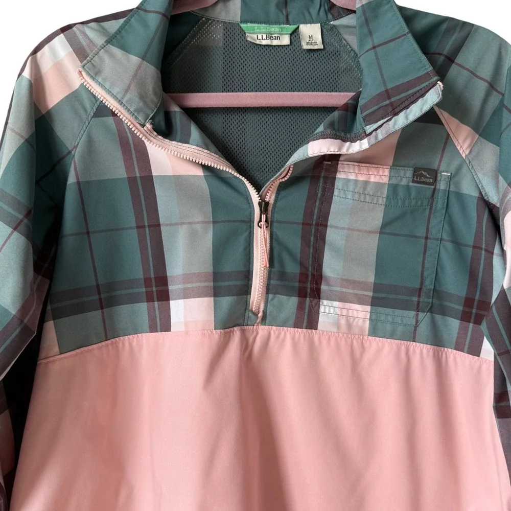 L.L.Bean Plaid Colorblock Quarter‎ Zip Pullover Jacket •M Petite • Pink & Green